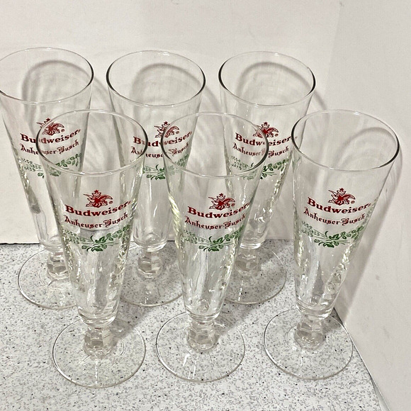 Vintage Budweiser Pilsner Glasses (6) Anheuser Busch Christmas Holiday Beer Bar - Picture 4 of 8
